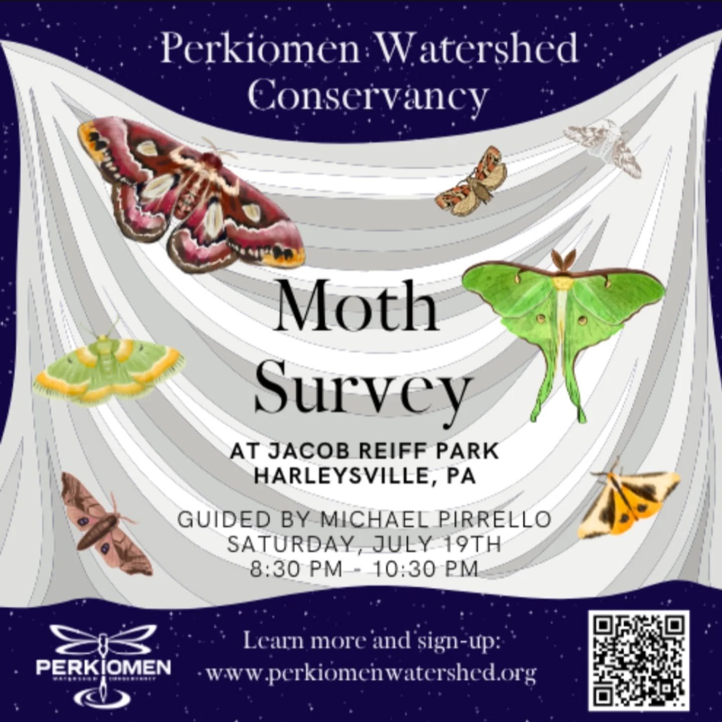 Join the Conservancy on July 19th for an evening Moth Survey!! Survey participants will learn all about local moth species from our Moth Survey Guide, Michael Pirrello before helping to set up survey equipment. Bring a headlamp or a flashlight! Learn