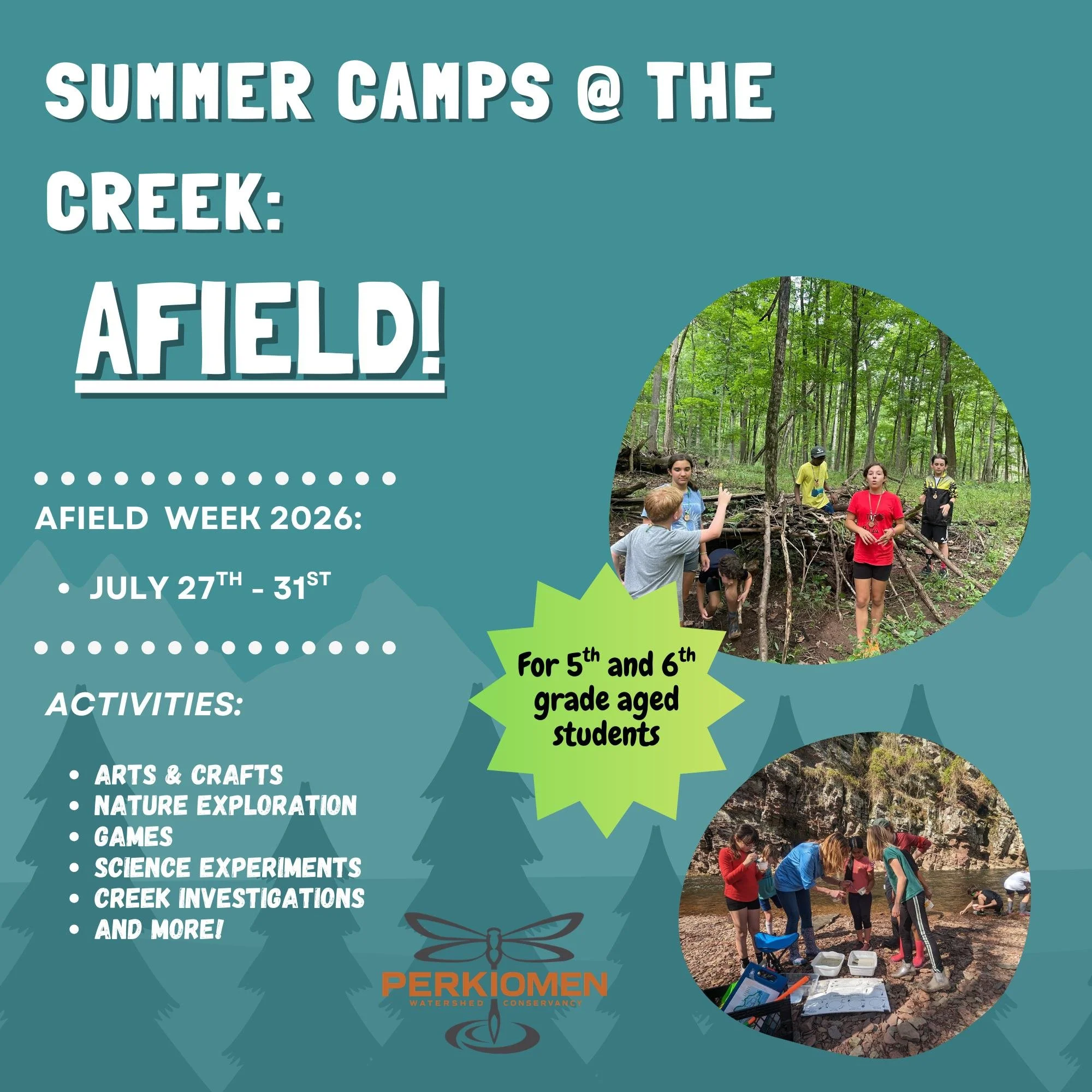 Summer Camp spotlight: Afield Camp!
For older explorers, this camp takes a deep dive into the Perkiomen Creek Watershed. From the macroinvertebrates and other animals that call it home, to the local history of Schwenksville and beyond, find out what 