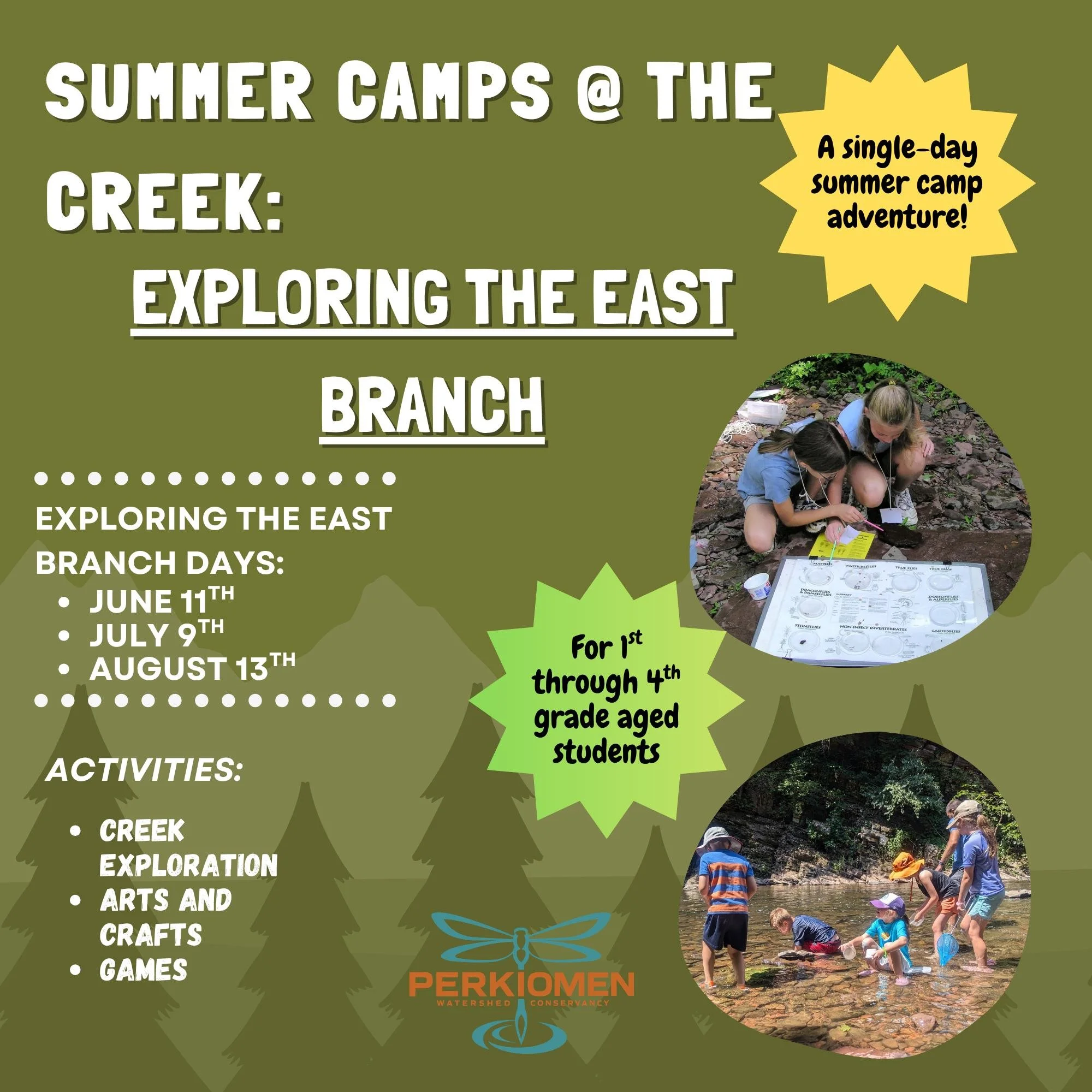 Can't fit in a full week of camp? Don't fret, we've packed all the best parts of our week-long camps into 1 single-day adventure! Available in June, July, and August. Follow the link below to visit our website and sign up today!

https://www.perkiome