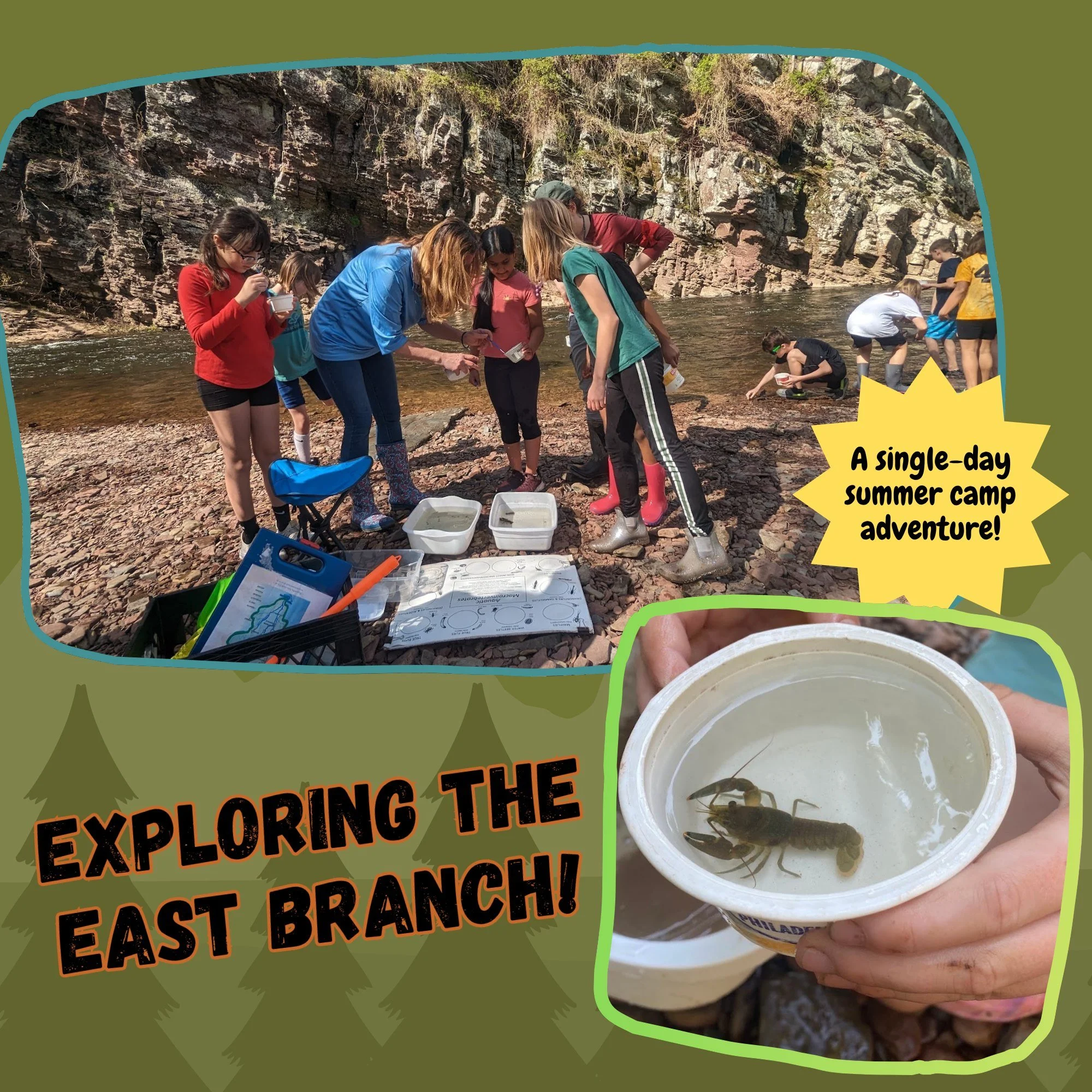 We're one month away from our August session of Exploring the East Branch, our single day summer camp adventure! A day filled with exploration, fun &amp; games, and catching crayfish! To register today and see the rest of our summer camp selection, f