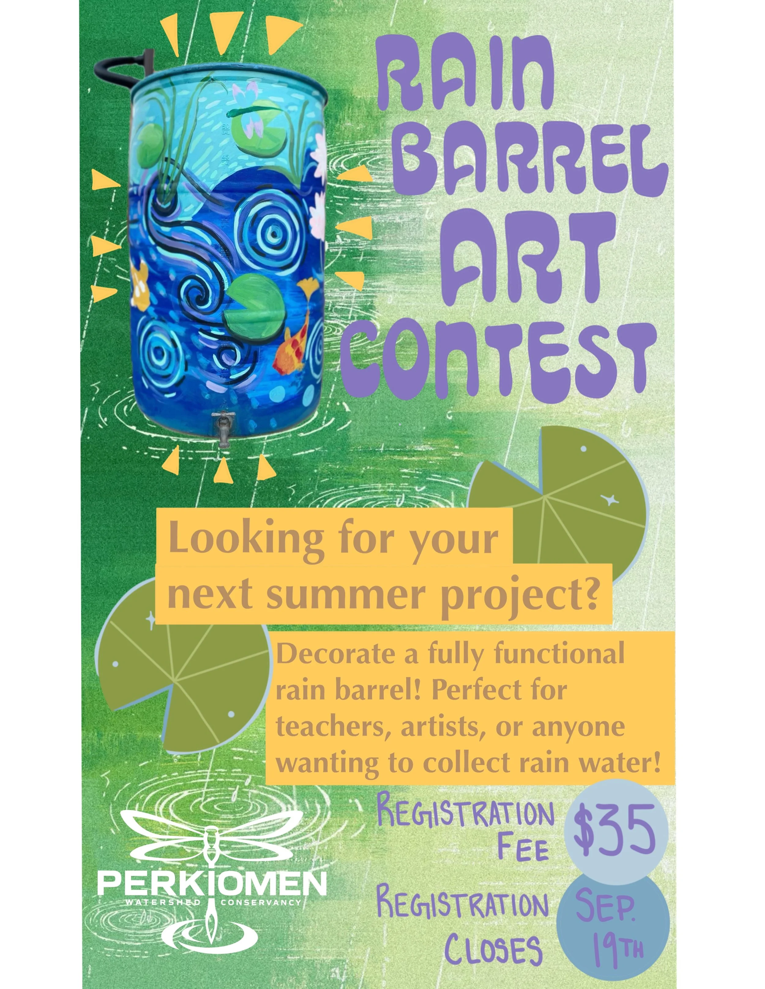 Celebrate creativity, promote clean water, and showcase your artwork for a chance to win prizes! All while taking home a rain barrel that helps protect our watershed! Register before September 19th at perkiomenwatershed.org/rain-barrel-art-contest 

