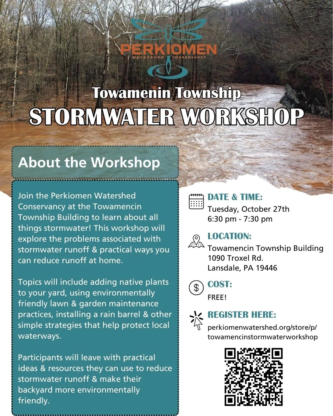 Join us on Tuesday, October 27th @ 6:30 pm to learn how to manage stormwater at home! We'll talk about adding plants to your yard, environmentally friendly lawn &amp; garden practices, simple ways to reduce runoff &amp; more.

Scan the QR code or vis