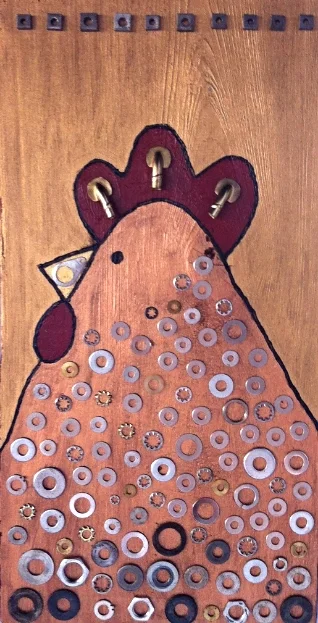 Robot Chicken: wood, acrylics, many washers