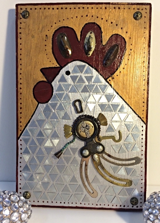 Armored Chicken: wood, acrylic, found objects