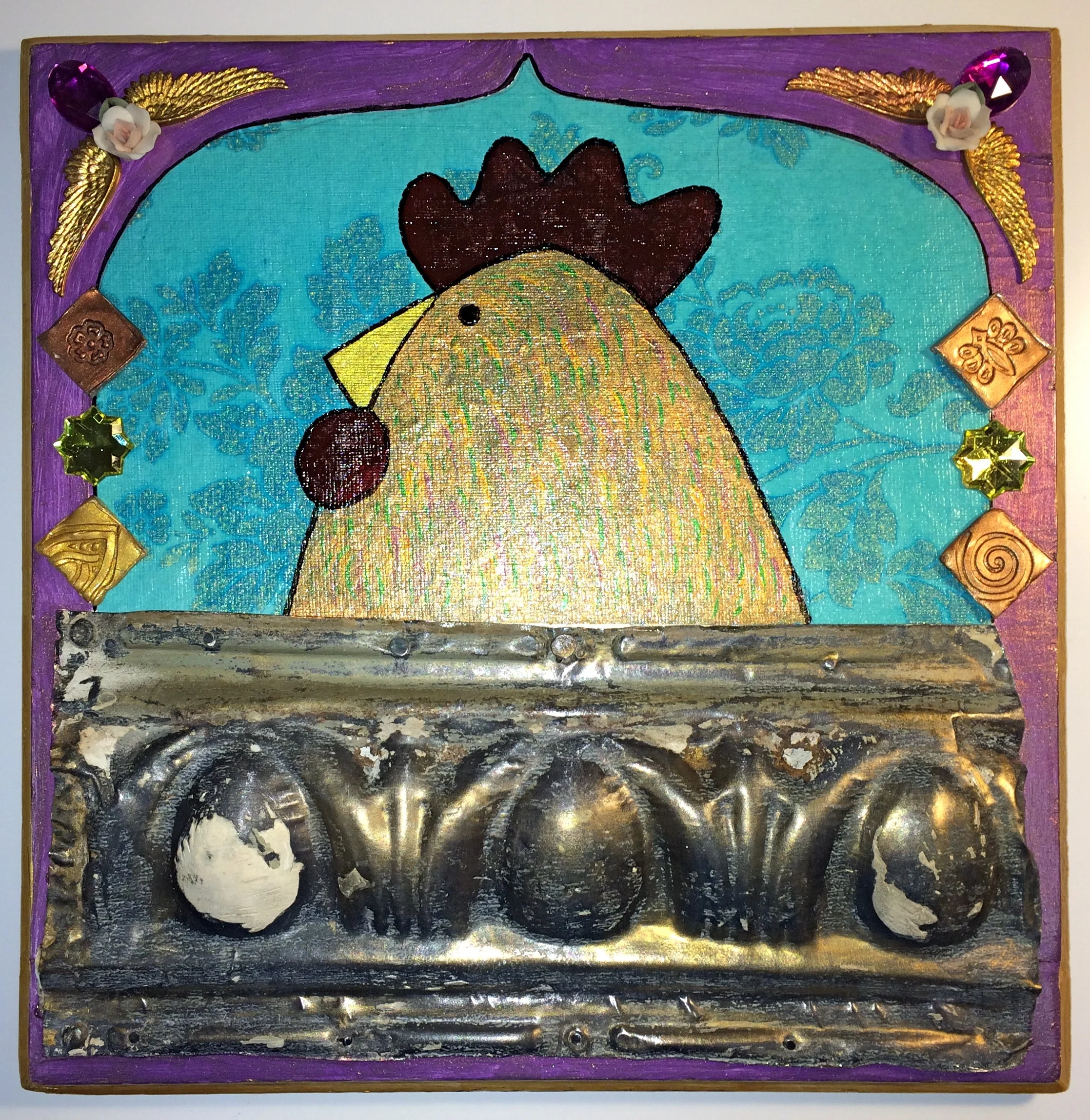 Juliet Chicken on the Balcony: wood, acrylic, paper, antique tin molding