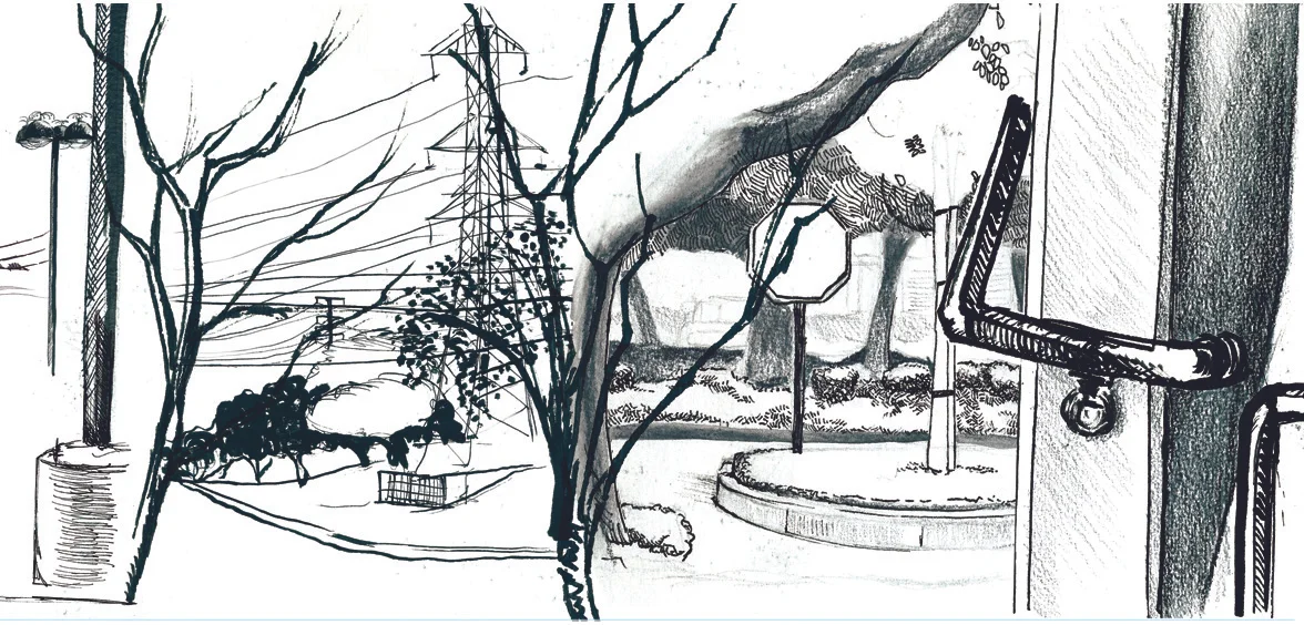 A Composite of observation drawings of parks and streets.