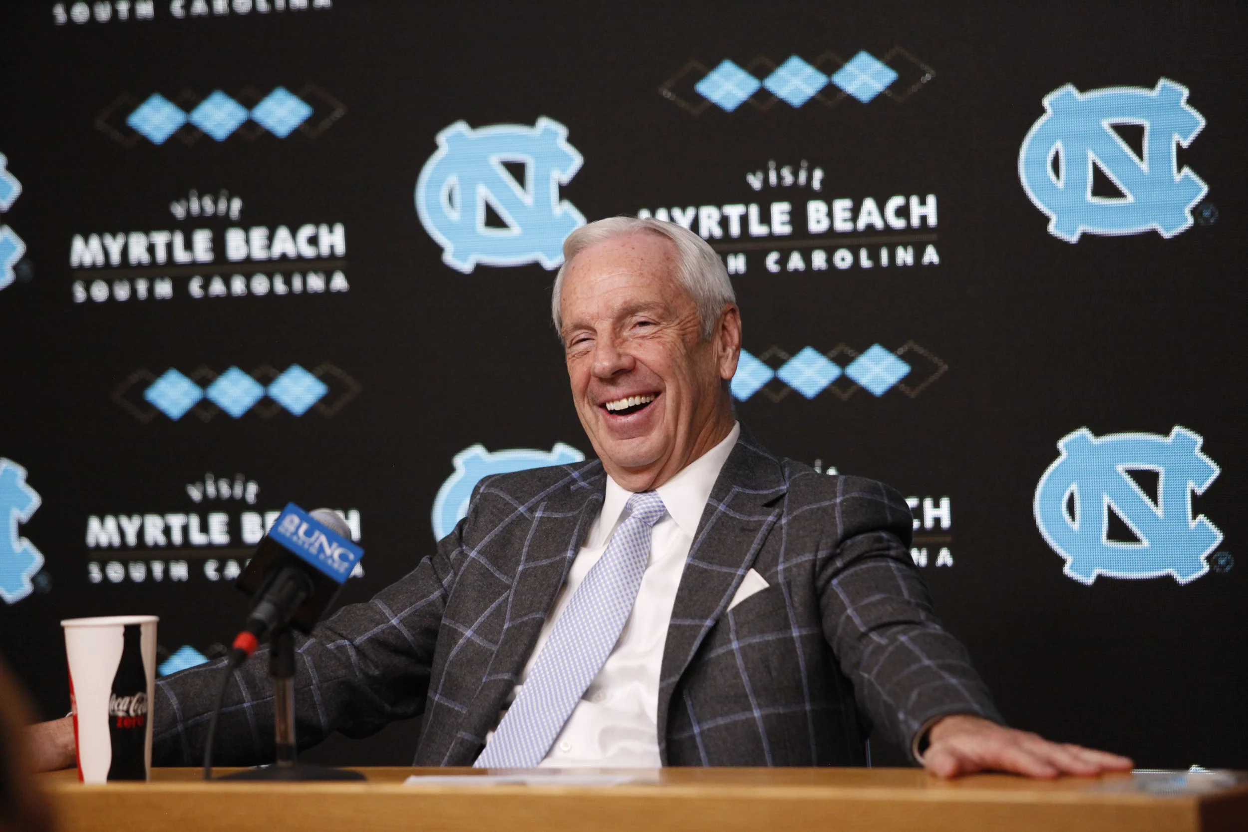 UNC head coach Roy Williams laughs during a press as he tries to figure out how UNC pulled out a win against Notre Dame.