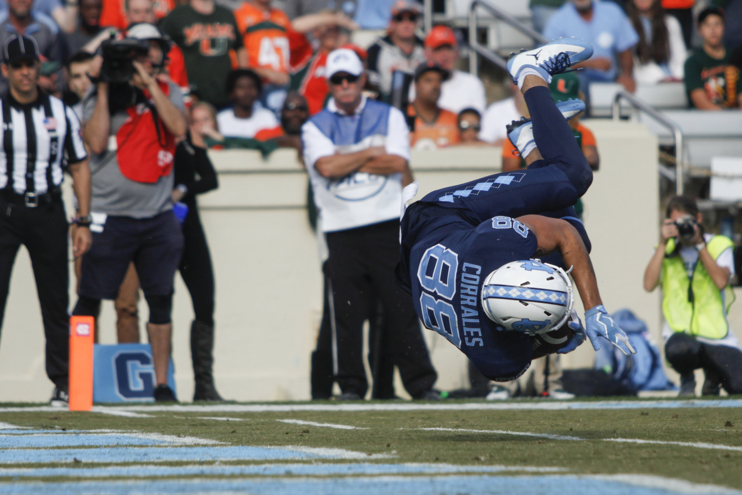 UNC wide receiver Beau Corrales spins into the endzone during the UNC vs. Miami game.