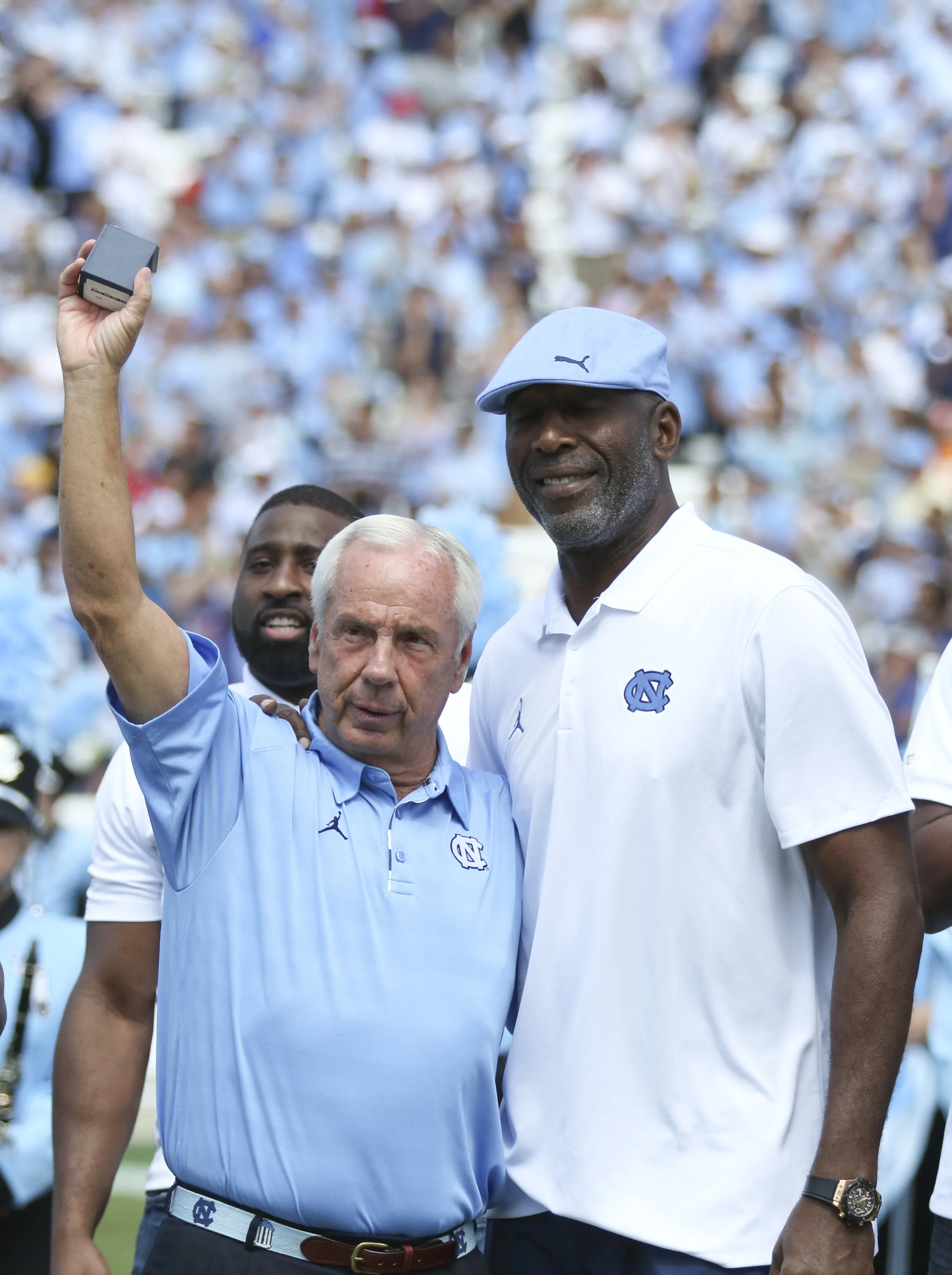 UNC head coach, Roy Williams, and James Worthy at the 2017 National Championship Ring Ceremony held at Kenan Memorial Stadium during the UNC vs. Louisville game.