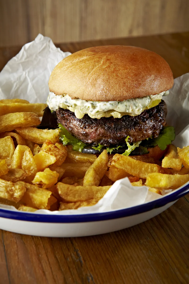 A Patty with Black Pudding mixed through, Caper Mayo & Apple Tempura