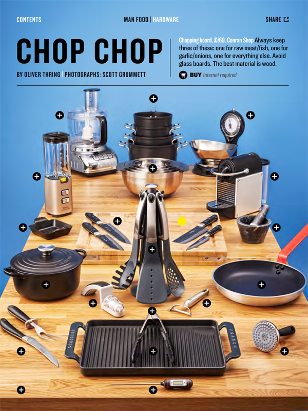 Man Food: What does any man need in his kitchen? A feature on top utensils and appliances that every man needs. Each one can be clicked on via the ipad to give more details of whats needed. 