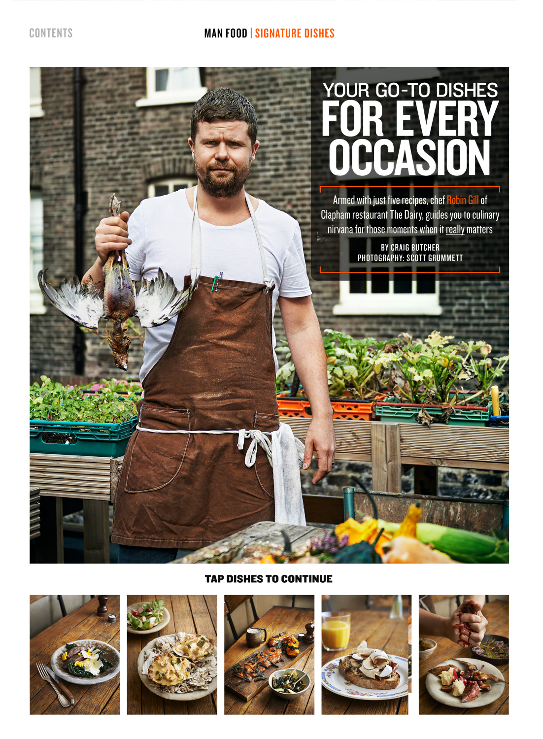 Robin Gill, the head chef of the Dairy in Clapham. Here preparing the ingredients for the dishes he prepared for us that day. He's shown here on the Dairy's rooftop garden above the kitchens where they grow their salad and herbs as well as producing their own honey in hives.