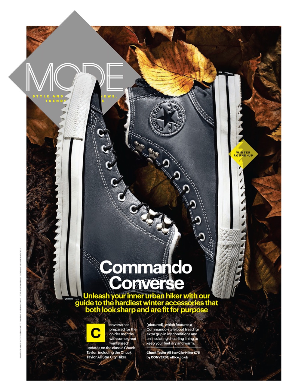 still life photography london by scott grummett who also shoots food & drink for advertising editorial packaging press and pr recipe books and cookbooks for clients in the uk and internationally. This shot was for shortlist showing chuck tailor converse trainers shoes