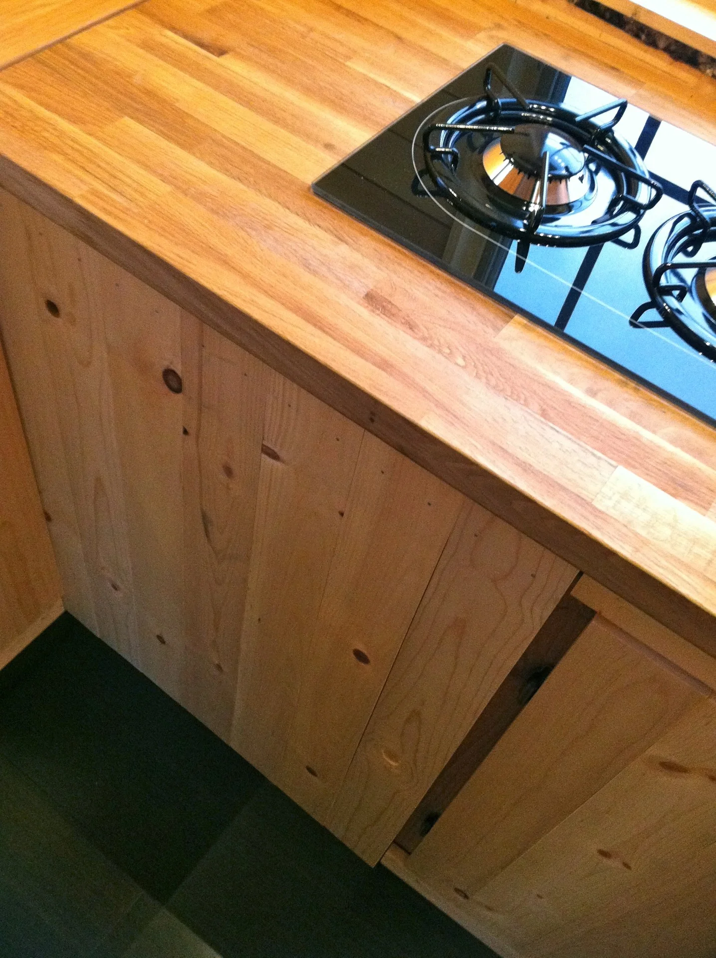 Right underneath the stovetop is our fresh water tank, and we wanted to make sure that for whatever reason, that we would be able to access it or take it out of the cabinet. Because of that, we made a panel that can be removed when needed.