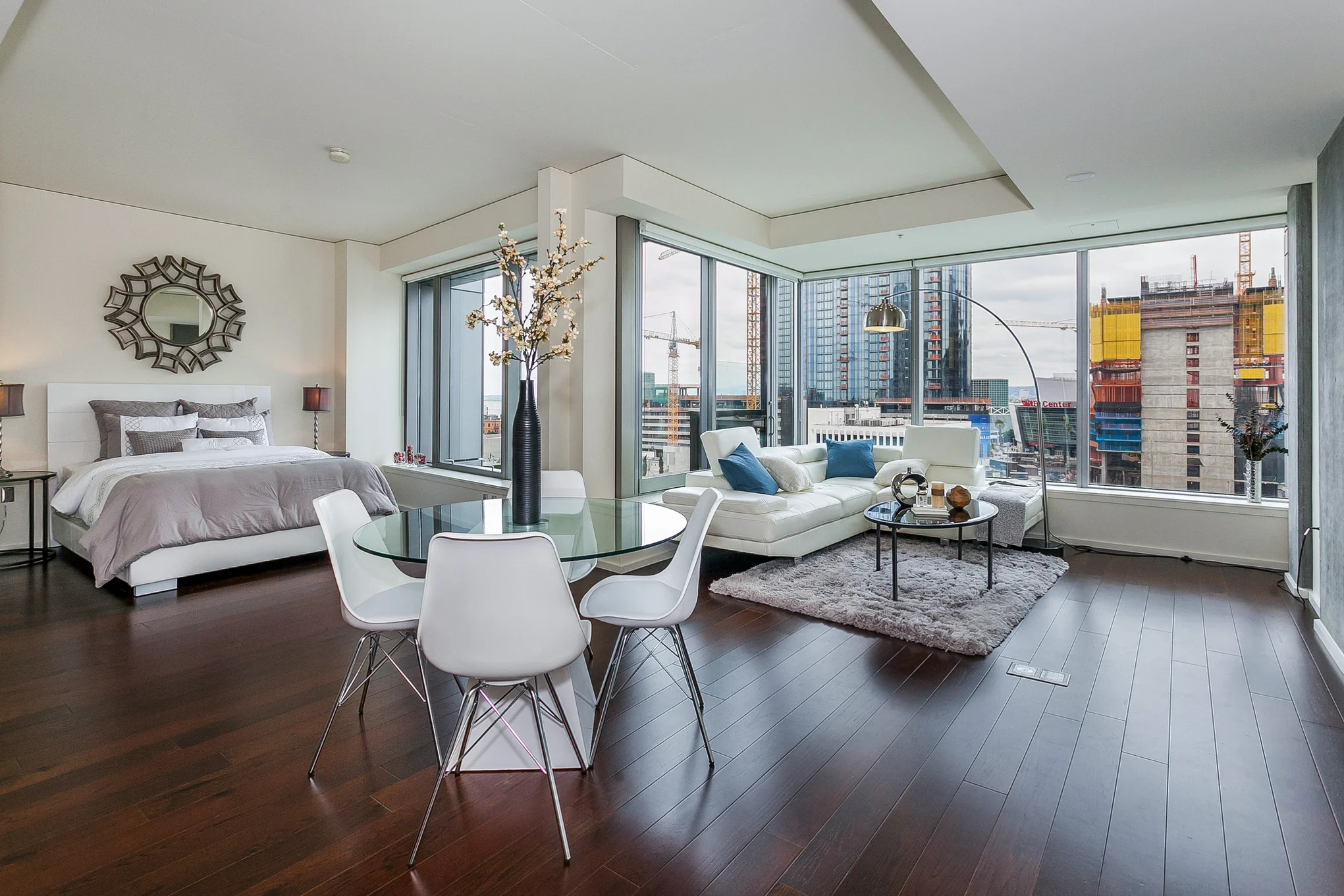 bedroom, dining, and living room