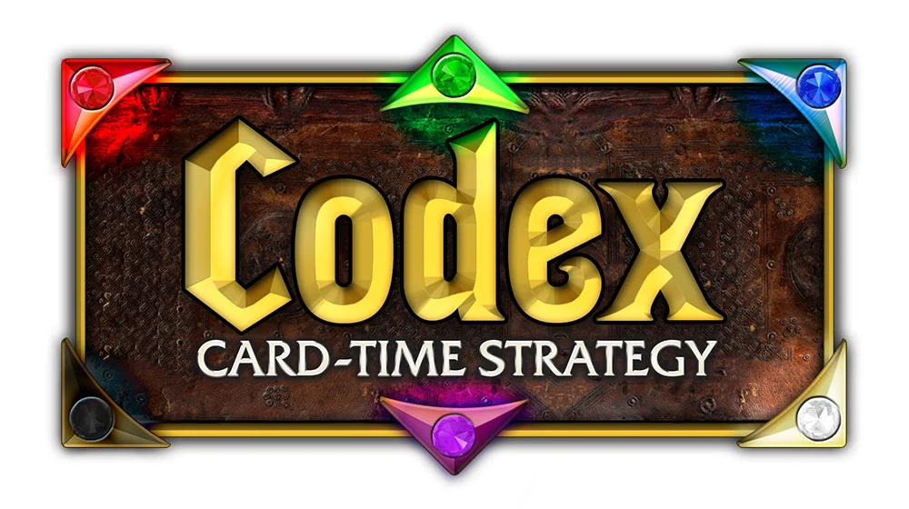   Codex's  logo hints at the six different factions in the game with the six different colored lights. It's also a bigger logo for a bigger game. The "Card-Time Strategy" subtitle lets players know it's modelled after real-time strategy video games s