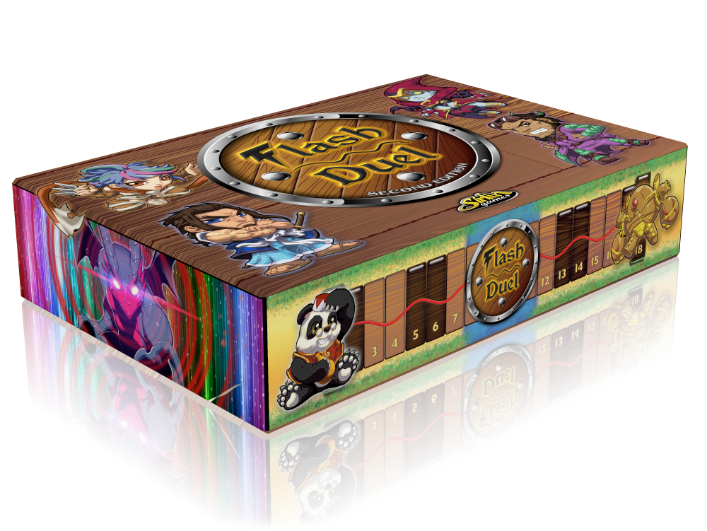 Flash Duel simulates the Fantasy Strike characters practicing or sparring, while Yomi simulates the real fight. I went with a wood theme for Flash Duel to draw from the connotation that wooden swords and shields are for practicing. The box is as minimal as possible with the sides being just art. 