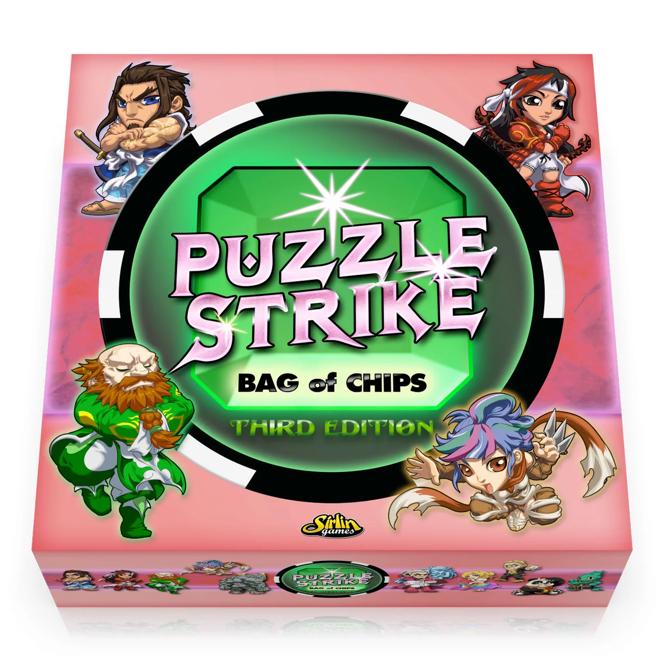 Puzzle Strike's box stands out quite a bit from other board games. Bright pink is not a common choice of colors, but it really fits Puzzle Strike's theme of being an homage to Capcom's Puzzle Fighter.