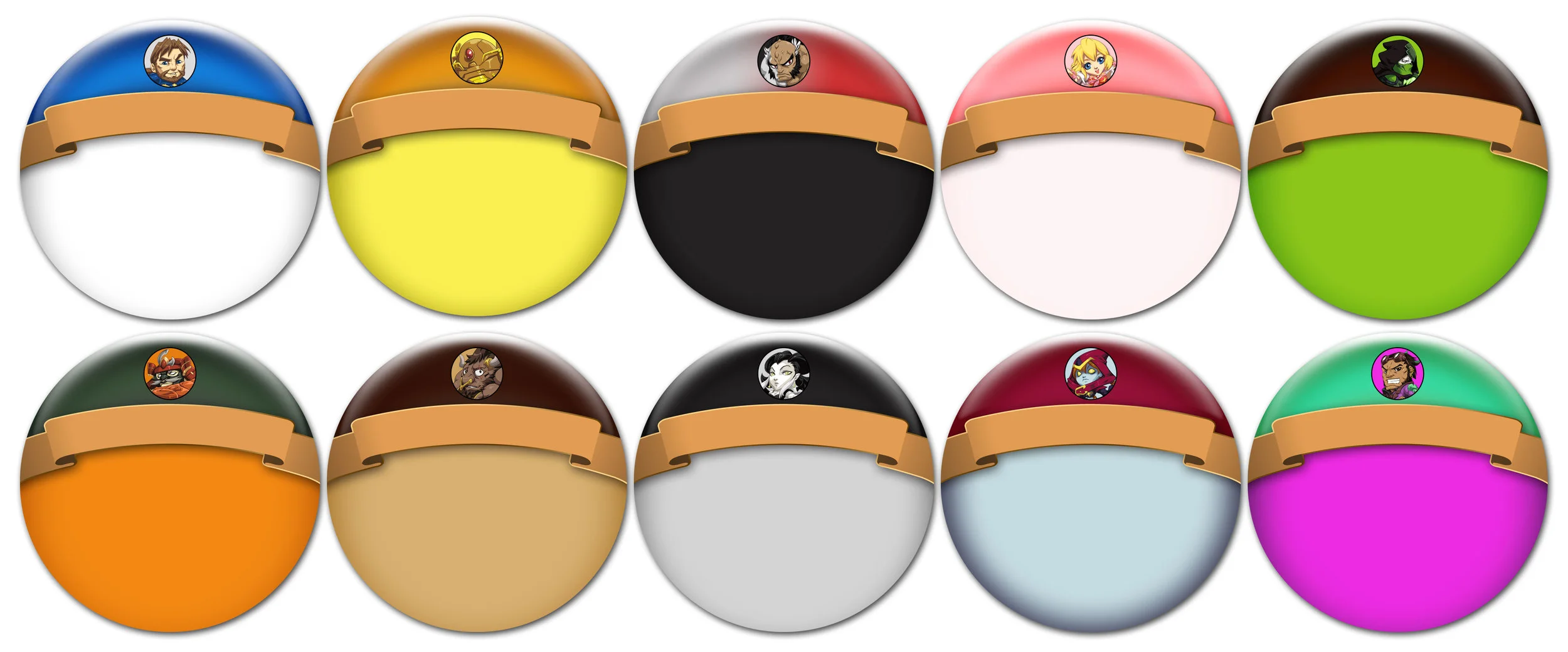 Puzzle Strike's chips went through dozens of graphic design iterations. While the +arrow and +draw icons are similar to some fan-made chips for the game Dominion, the gem chips, wounds, combine, crash gem, and double crash gems are all inspired from video games like Puzzle Fighter. Each one of those had its own challenges (especially the 4-gem chip which has to look similar yet more powerful than the other denominations), but the common theme is that they all need to be iconic enough to be recognizable from a distance across the table. The character chips took particularly many versions before arriving at the subtle gradients and slight glassy effect. The first 10 characters each have an associated color so their character chips are easily distinguishable visually, but when it came time to add another 10 characters, I went with a two-tone graphic design. This worked well because it not only distinguishes all the characters from each other, but also the base characters from the expansion ones.