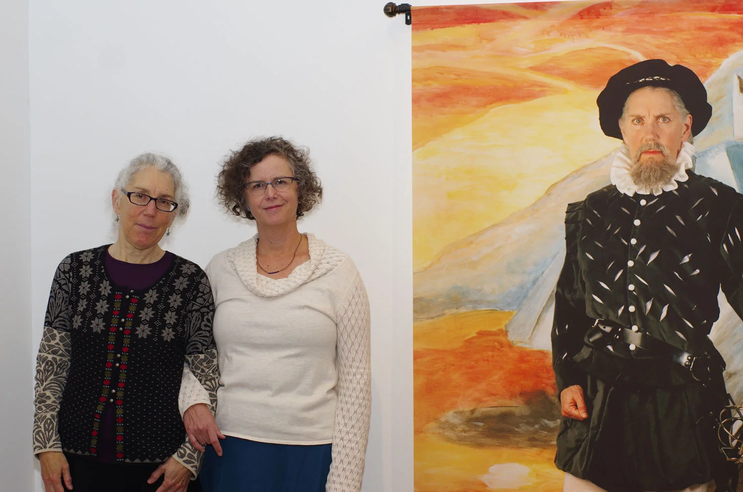 Anne and photographer Jane Keating beside Sir Nicholas Baganel