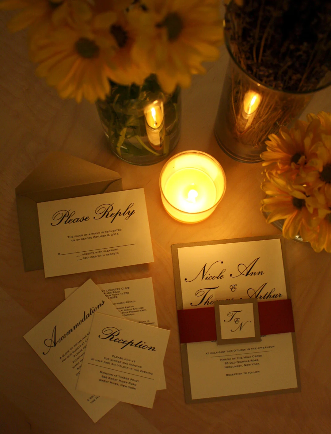 Growing up, the summer was a time when my brother and I would spend most days with our cousins. Throughout the years we all became very close. This summer, my cousin Tommy and his fiancé, Nicole, had asked me to help design their wedding invitations. I couldn't have been more excited to help them prepare for their special day. I had met with them to discus design ideas and themes for their wedding. Since the wedding is on November 8th, 2014, they decided to go with a classic fall wedding style. (My absolute favorite!) In order to appropriately mix rustic fall and classic wedding styles, we introduced muted gold and rusty red metallic paper as trim to the cream colored invitations. This was a great way to tie in her bridal party dresses and center piece colors. Using a modernized script, with a bold slab serif typeface, gave the invites a good balance of modern/classic design. I am so happy I was able to be apart of Tommy and Nicole's big day, I definitely can not wait till November 8th!