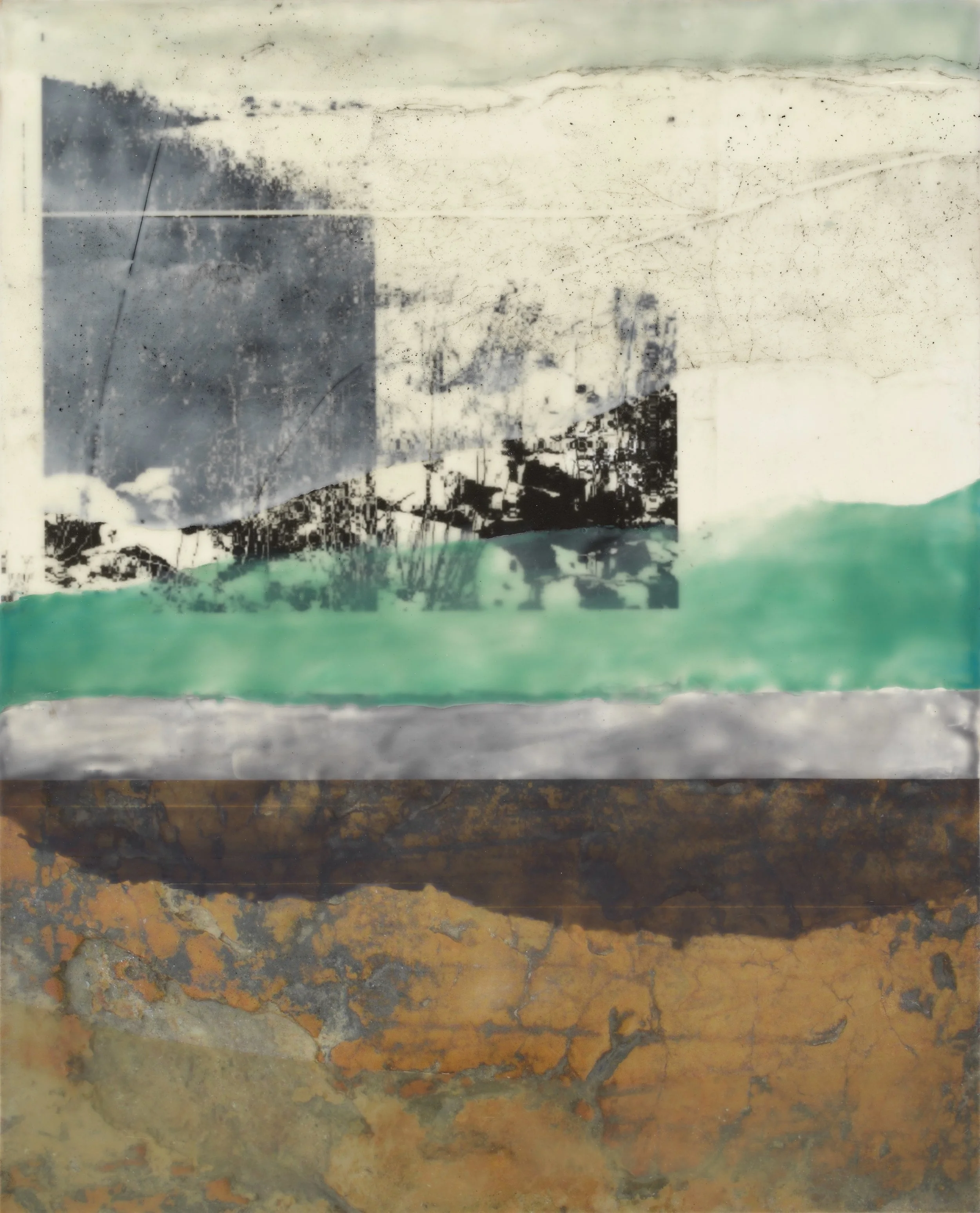 North Point (Fog) II Encaustic on Panel, ink jet print, pastel 20” x 16”