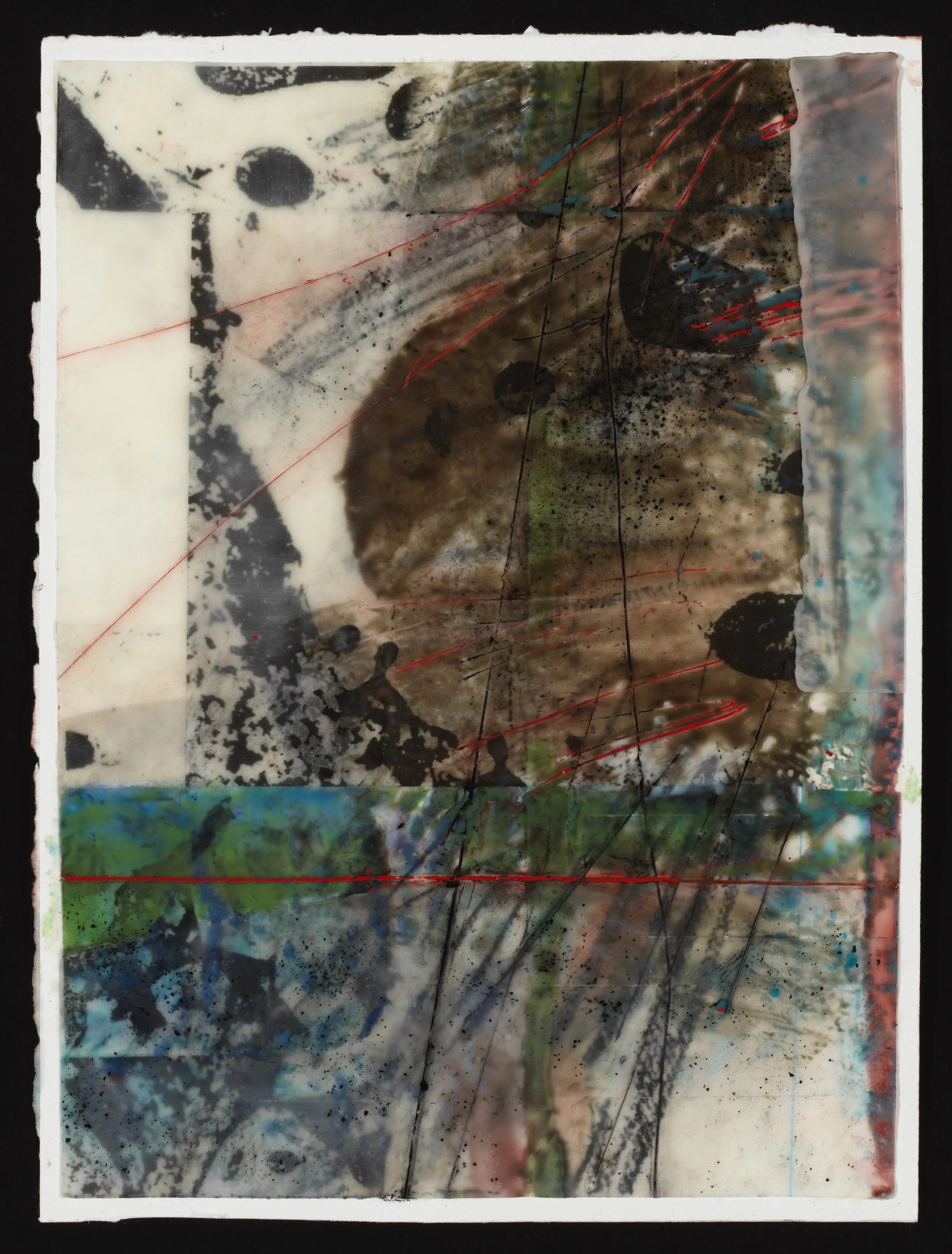Shattered Microstructure III Encaustic on Paper, ink jet print, crayon, pastel 12” x 9”