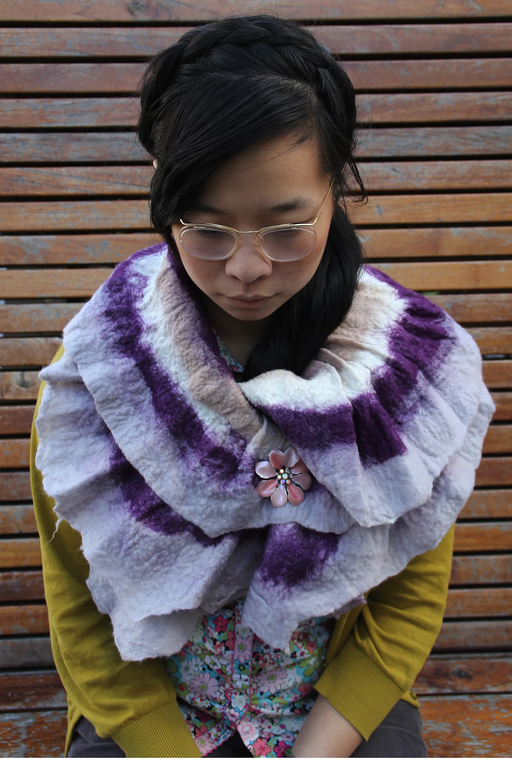 Felted Scarf. Wet felted with vintage pin closure.