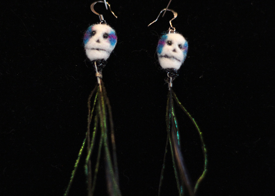  Needle Felted Sugar Skull earring with Seed beads and feathers. 