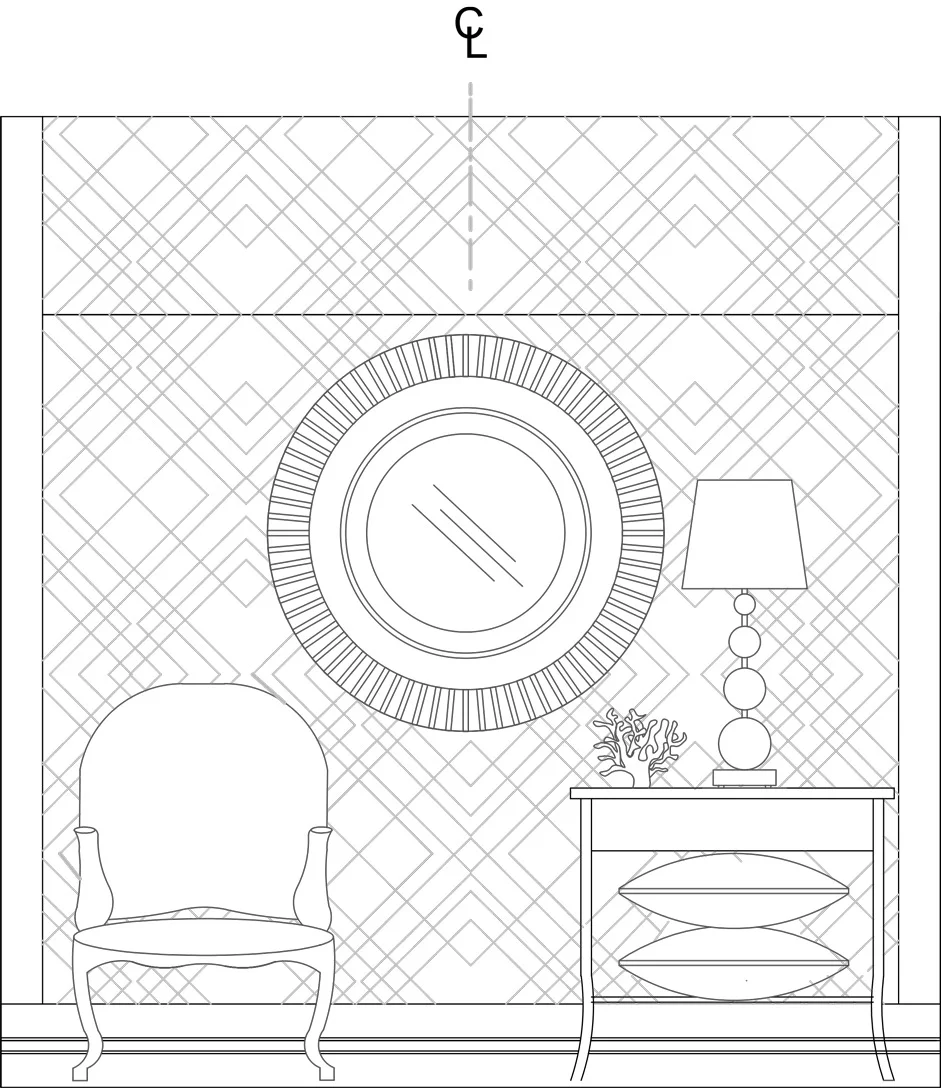  In order to provide a visual reference guide for our window installer, I created AutoCAD elevations of the Brunschwig & Fils Maisonette window. In this case, I also wanted to layout the placement for the wallpaper pattern.