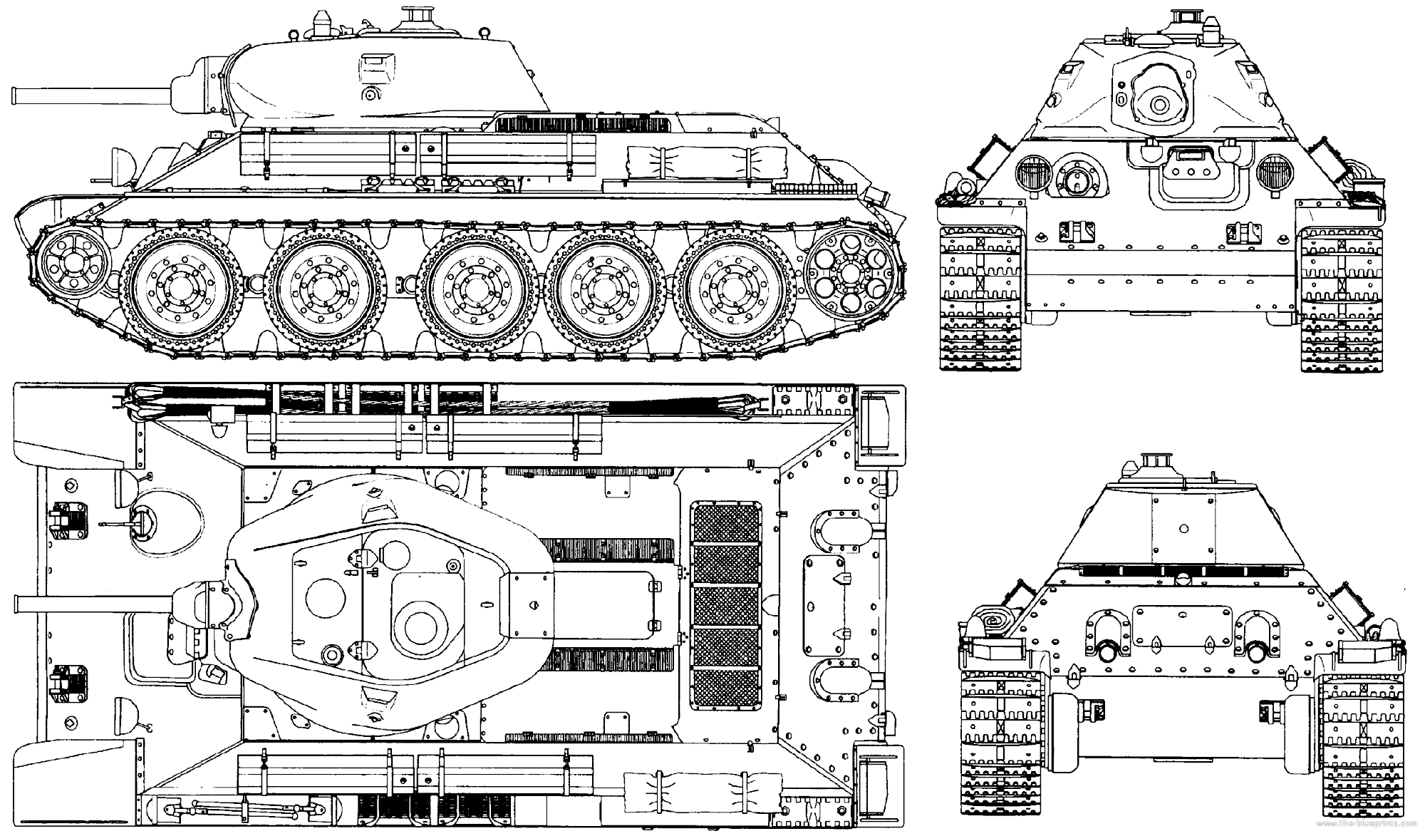 T34 Blueprints, illustrating the sloping armour and wide tracks (http://ww2technology.weebly.com/t-34.html)