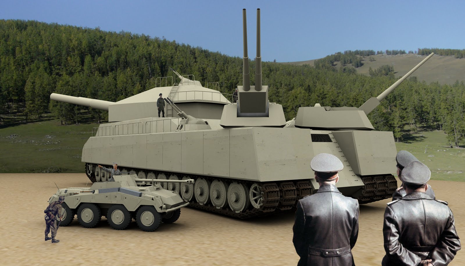 The insane Ratte, artistic impression ( https://www.warhistoryonline.com/war-articles/landkreuzer-p-1000-ratte-hitlers-idiotic-heavy-tank-design.html )