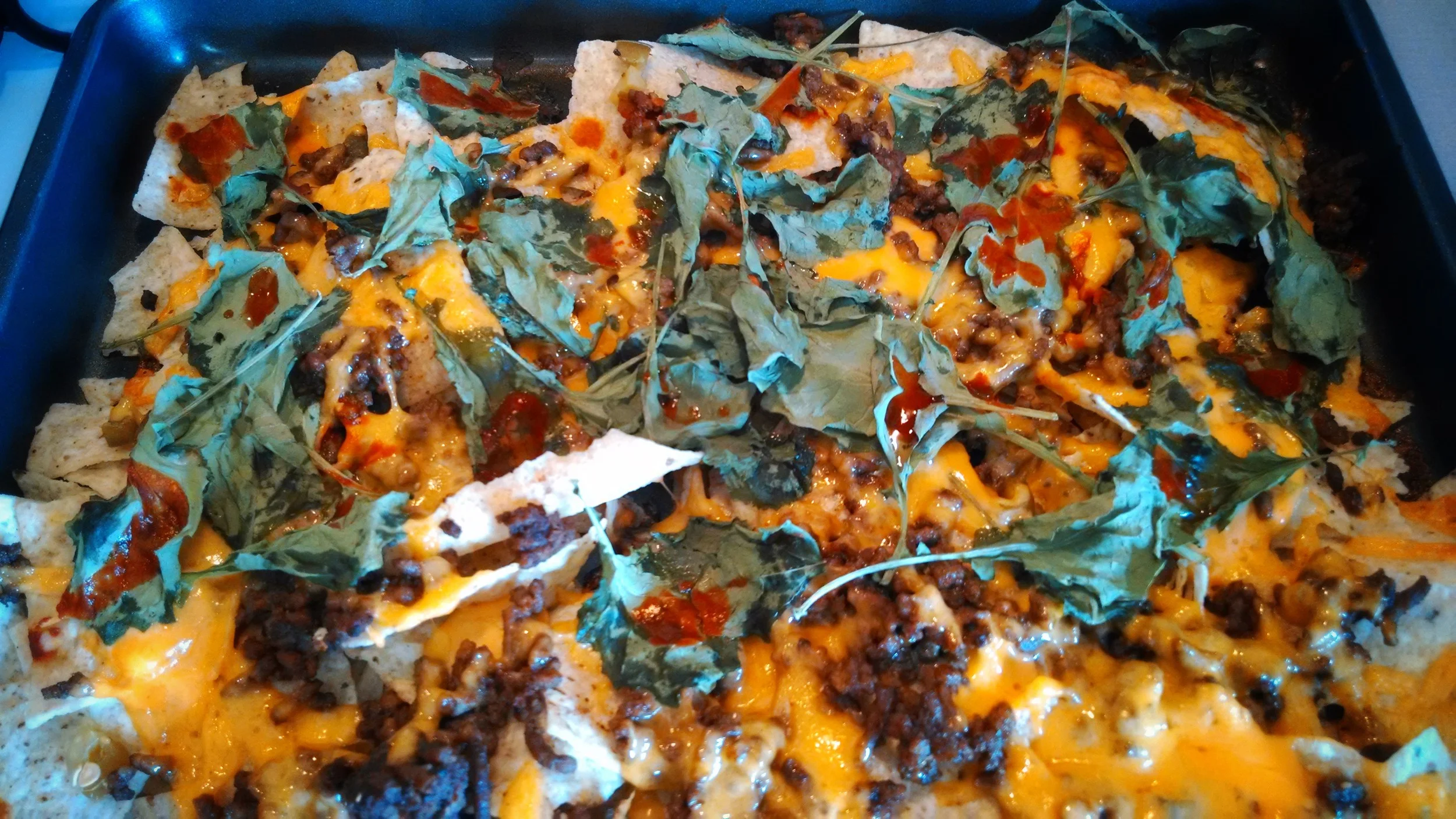 Nachos ft. grass-fed ground beef, chedda, jalapeños, kale, and hot sauce!