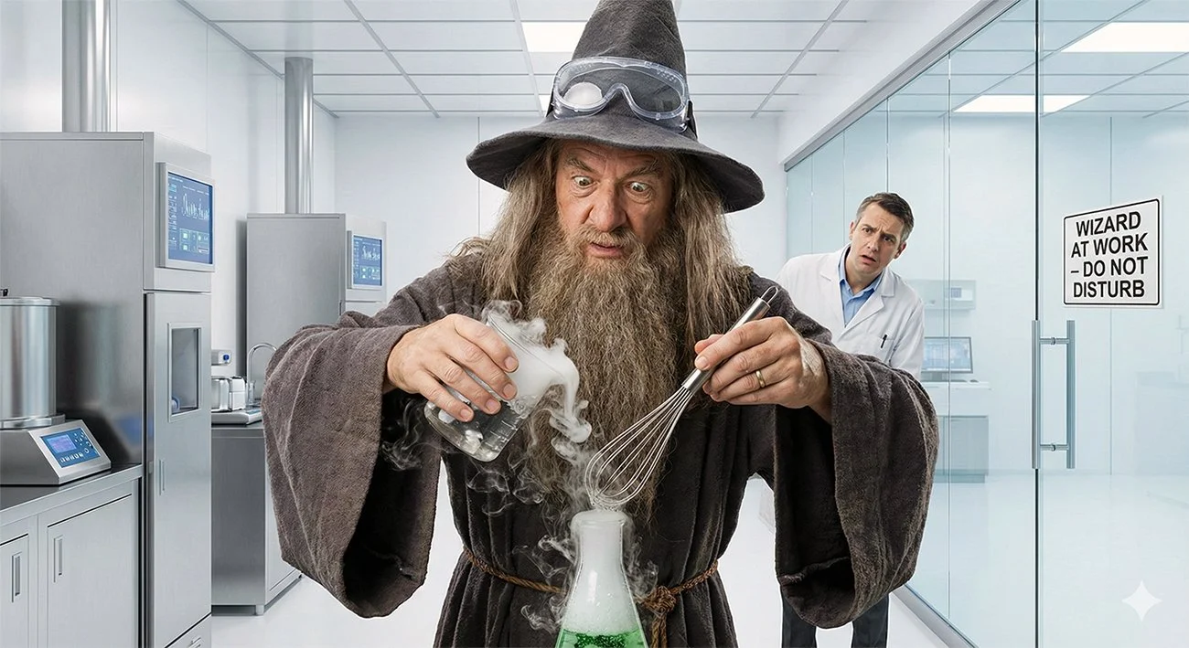 A wizard concocting potions in a modern lab.