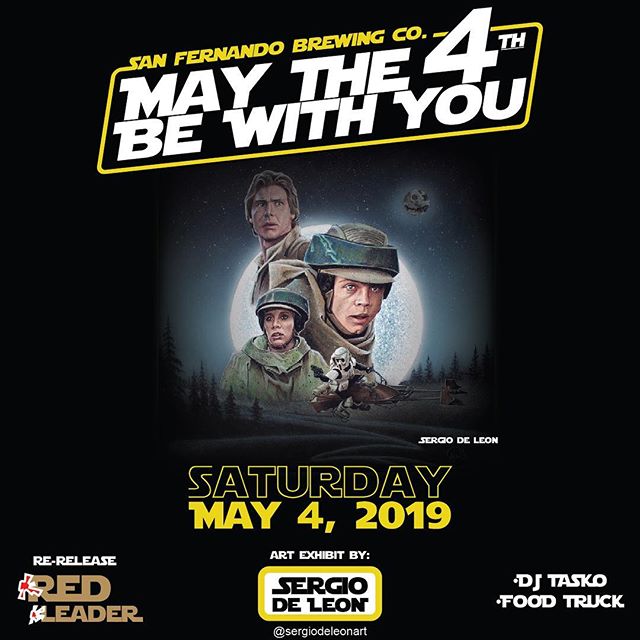 Join us for a Star Wars Day celebration! Featuring an art exhibit by @sergiodeleonart as well as the release of two beers! Including the re-release of the Red Leader IPA, and the long anticipated one-year bourbon barrel aged Imperial Death Star Stout