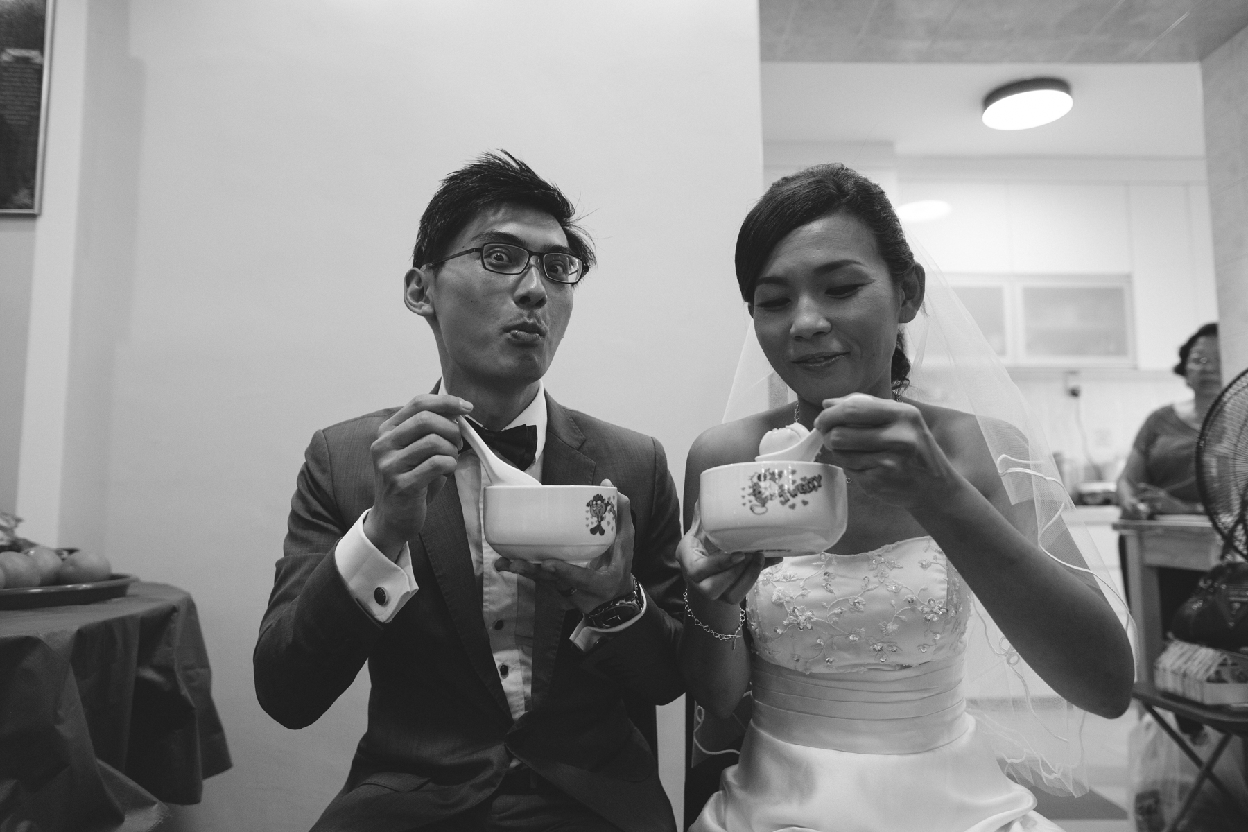 Eating the traditional 'wedding item'.