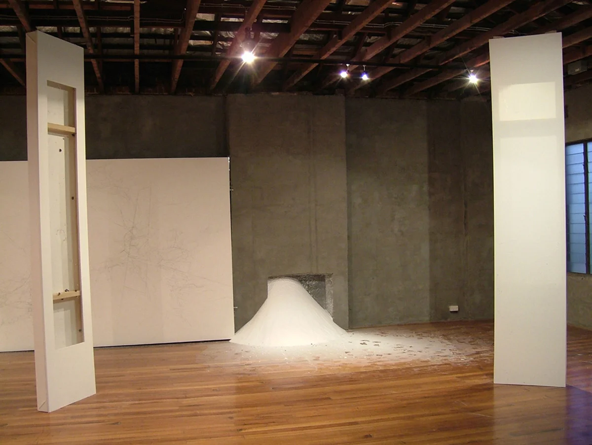   Surface Dynamic (one/many)  s nails, ants, timber, glass, stretched paper; sanded and drilled in response to the movements of ants and snails  Installation dimensions variable 