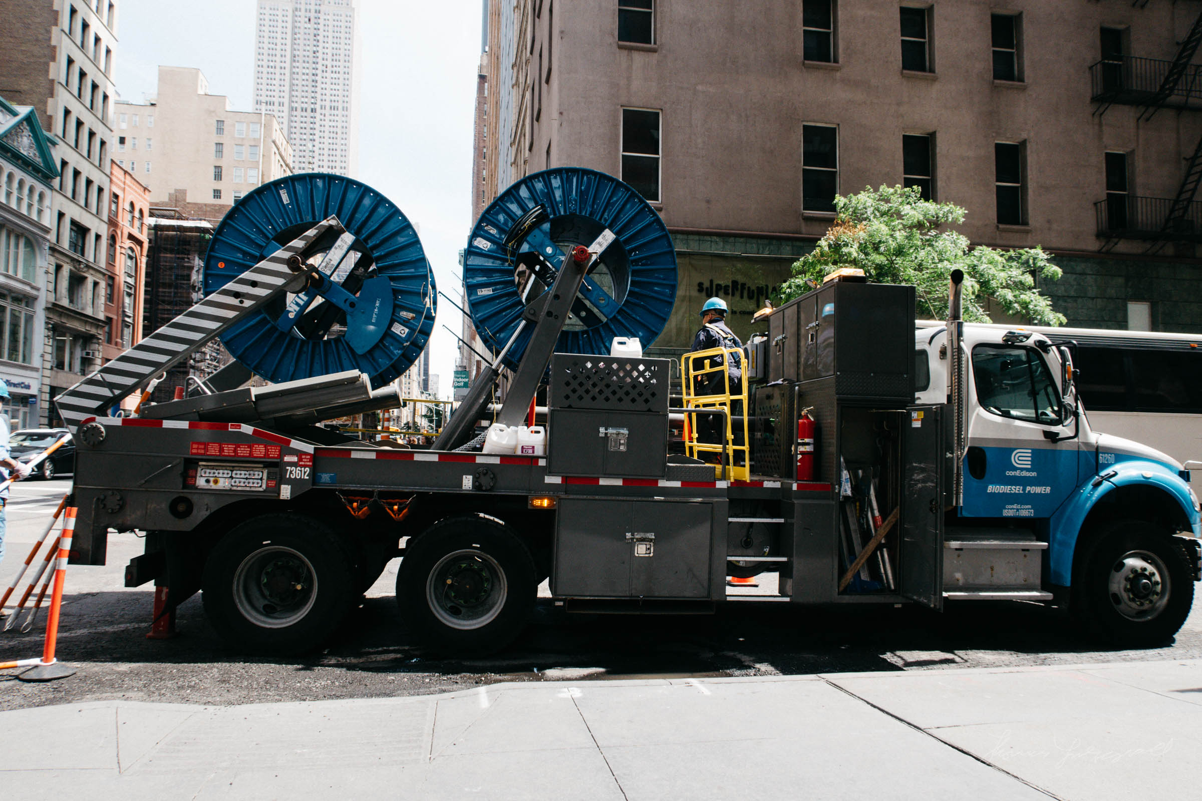 Con Ed Truck with Spools of Cable in NYC