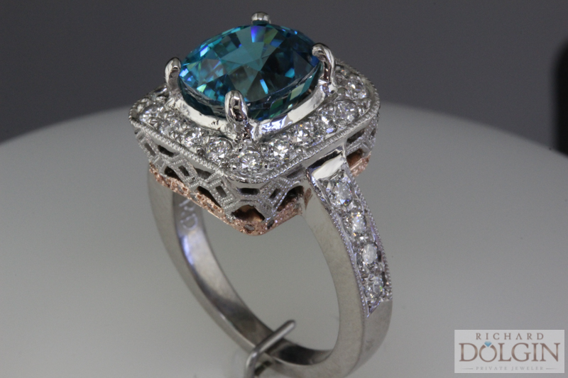 Blue zircon and rose gold and palladium ring