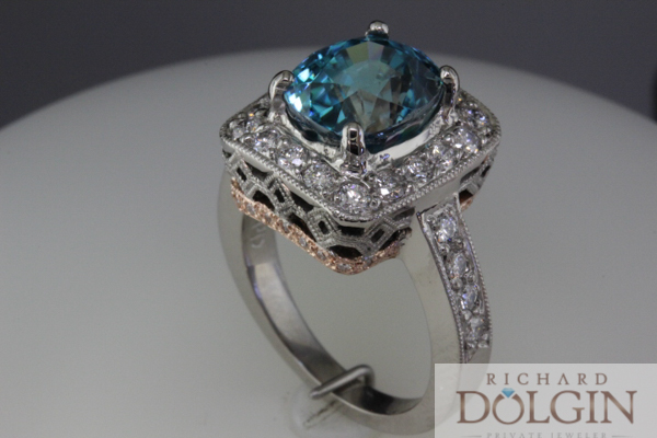 Blue zircon in custom made ring