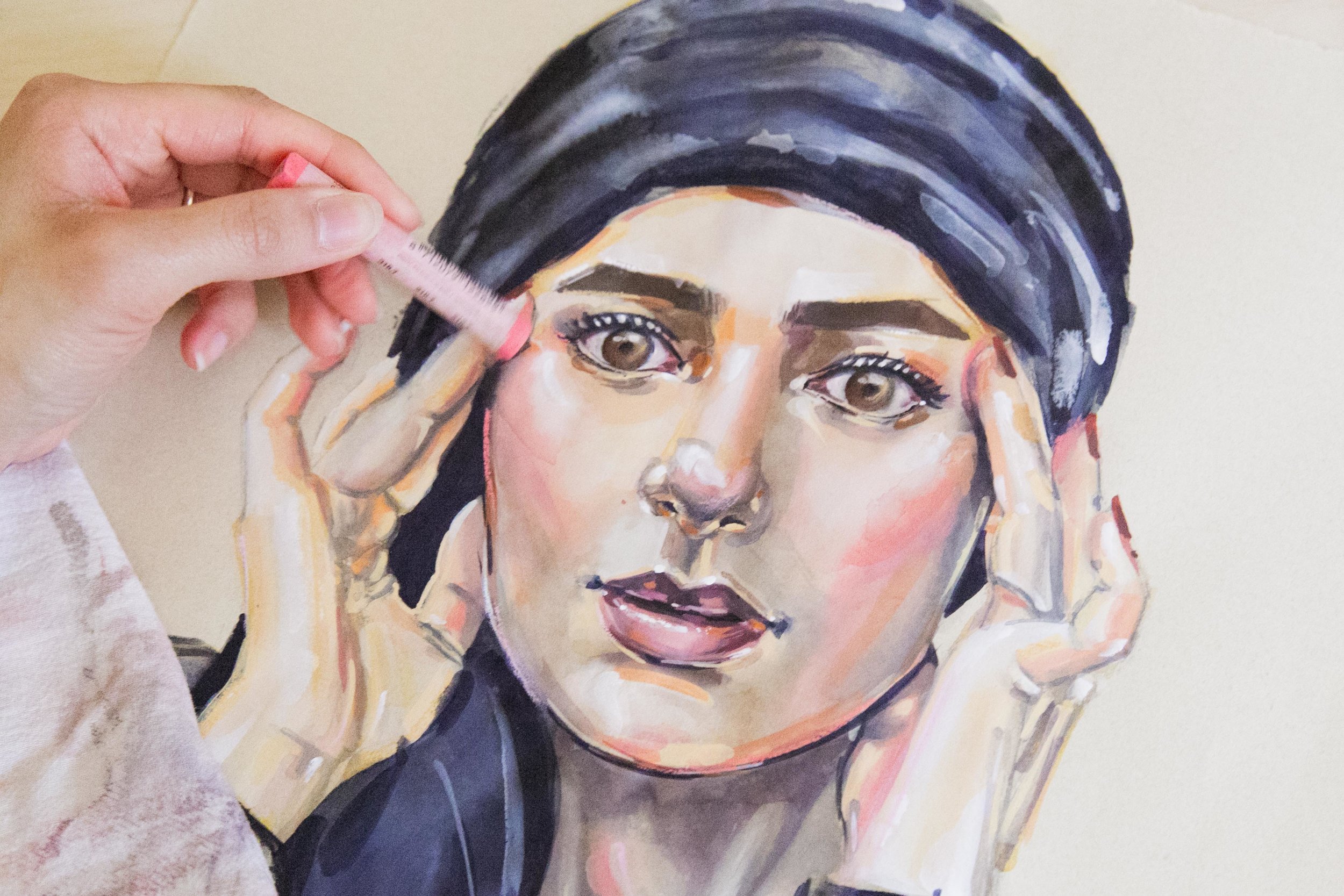Victoria-Riza Fashion Artist Illustrator and Printmaker | Cover Art for Noor Elkhaldi's podcast, Arab-American Psycho