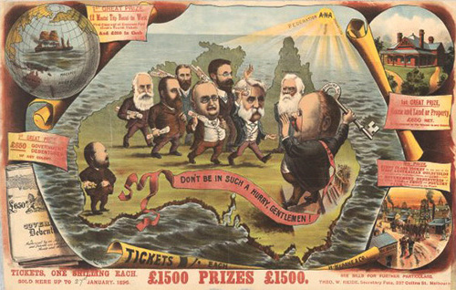 (1901). Poster "Don't be in such a hurry gentlemen!". To do with Enabling Acts 1896 leading to 1897 Convention. Deakin Collection . 1901 - http://trove.nla.gov.au/work/22431900