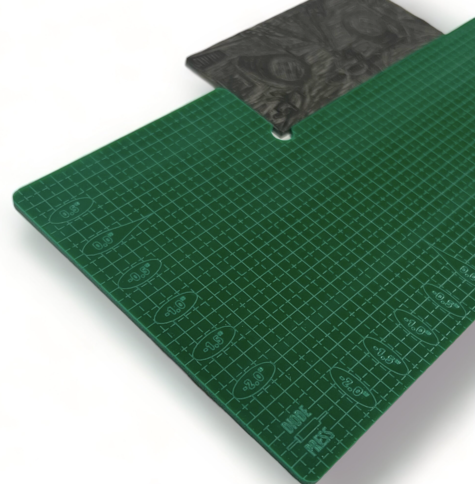 A green linocut registration jig mat with grid lines and measurements, with a linocut block partially visible in the jig.