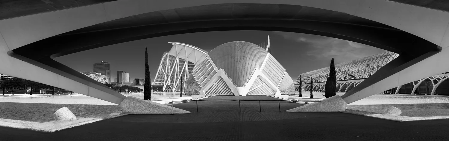 The supporting structure of the Pont de Montolivet frames the Hemisfèric theatre. The Museum of Science is to the left and the Umbracle to the right.