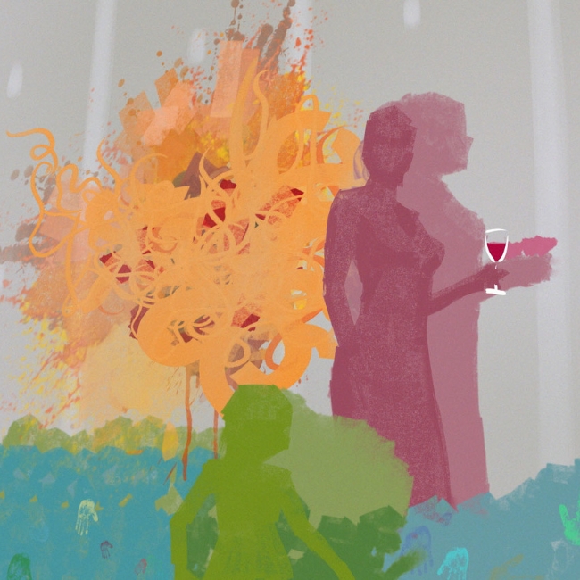 We didn't paint the animation on set because it was not practical to secure any residential location for the many weeks required to do it. The action is instead painted digitally, and because its done in computers, the real achievement lies in the trail technique. When a character moves it leaves a history behind it. And it is this quality which was terrifically difficult to execute. The method we used to make the trails was to re-project each animated frame back upon the walls, and make it stick while the camera moved forward, following the action.