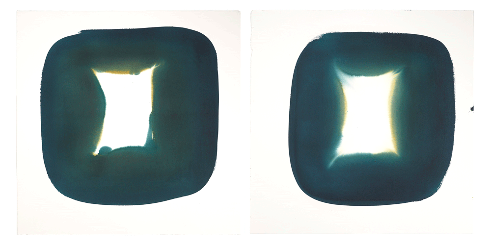  Left: Aperture in Deep Turquoise with Jasmine Yellow Accent II, 2015 Acrylic on watercolor paper 28 x 28 inches  Right: Aperture in Deep Turquoise with Jasmine Yellow Accent I, 2015 Acrylic on watercolor paper 28 x 28 inches 