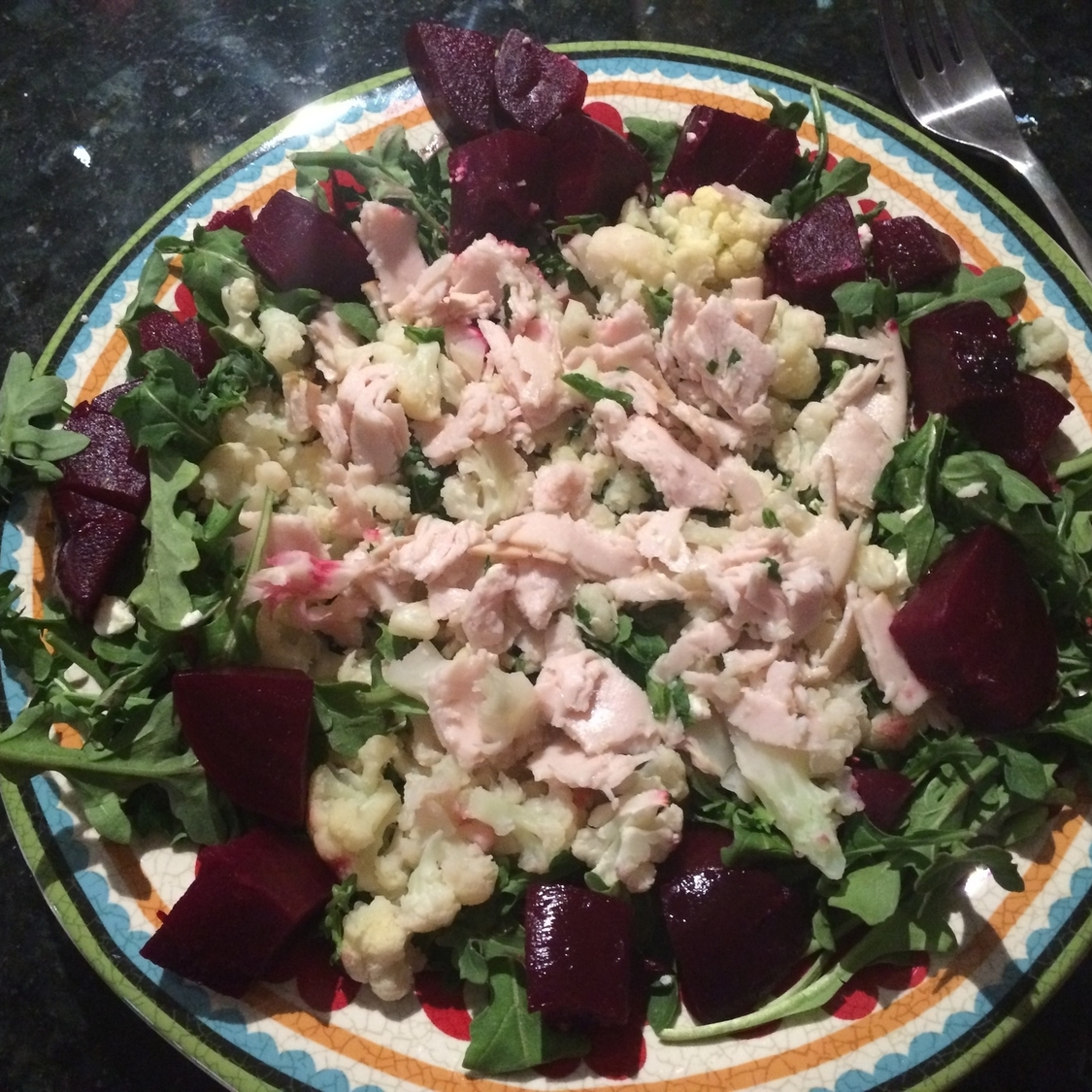 Lunch - arugula with beets, chicken, cauliflower. MCT oil added after picture.