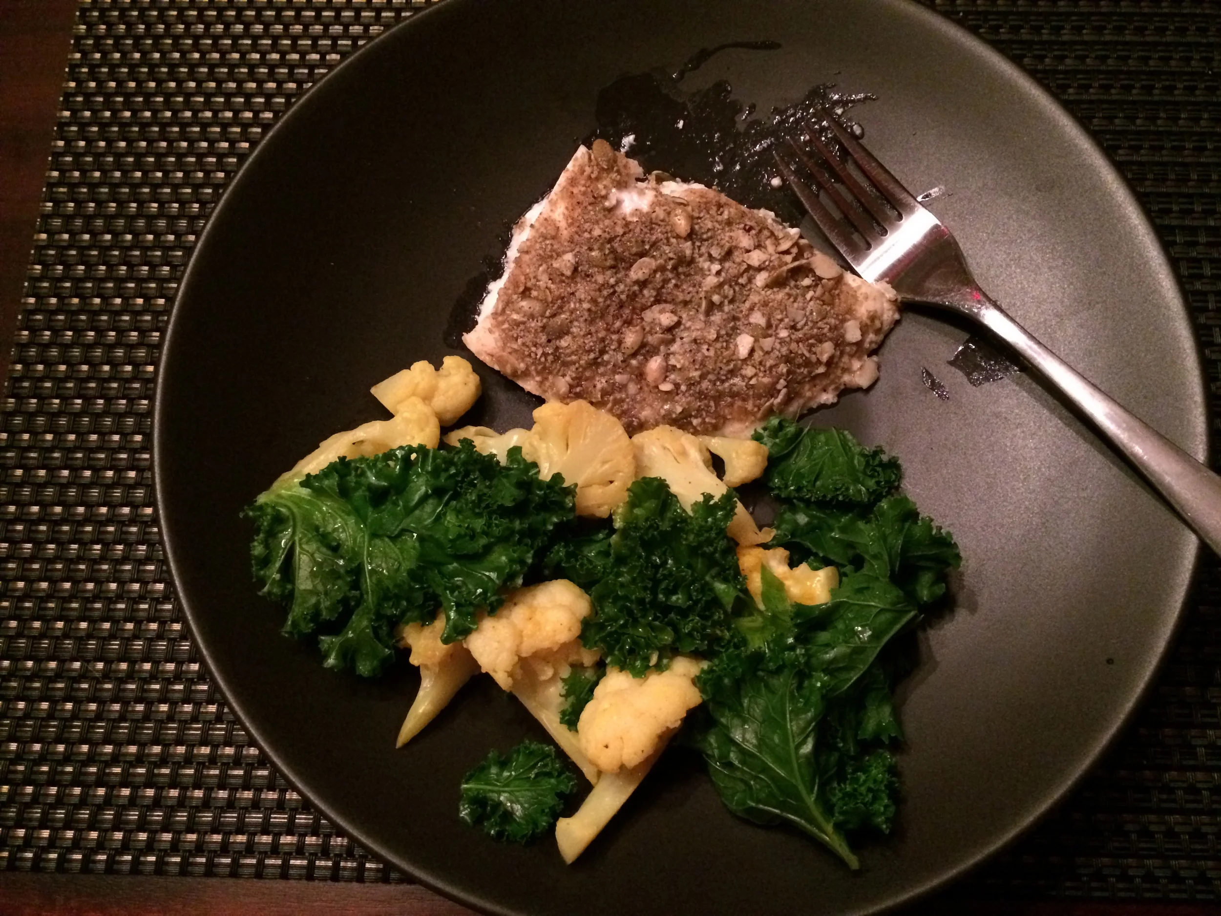 Pumpkin Seed Crusted Halibut with Garlic Kale and Cauliflower