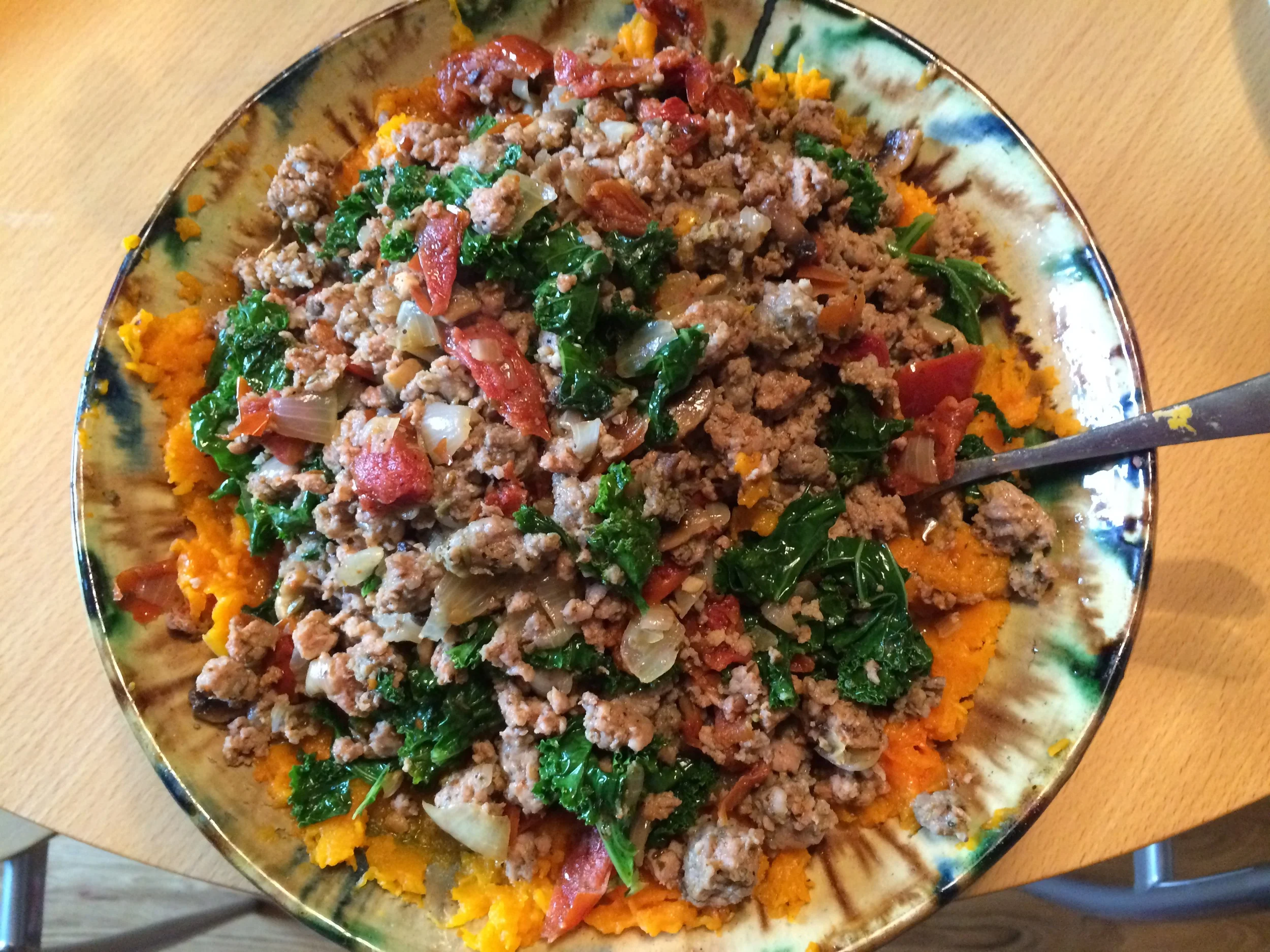 Spicy Sausage over Squash