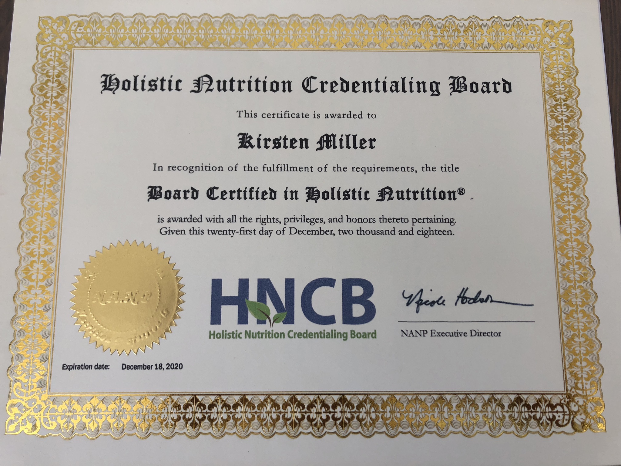 Board Certified in Holistic Nutrition 